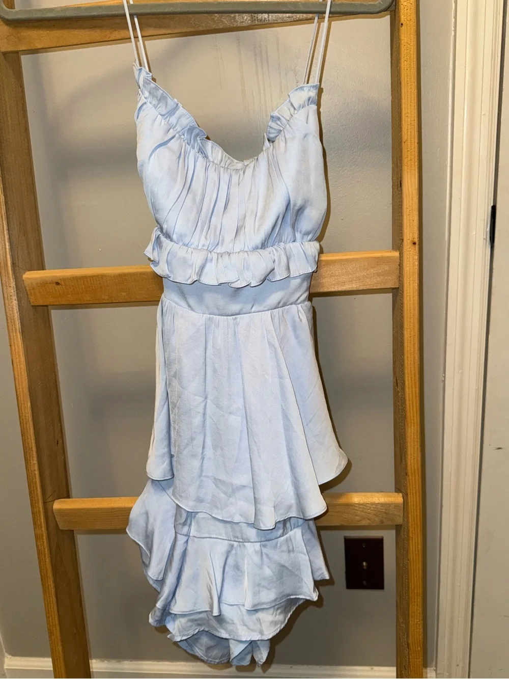 NWT SAINTS + SECRETS Powder Blue Ruffle Mini Dress with Drawstring - Picture 9 of 11